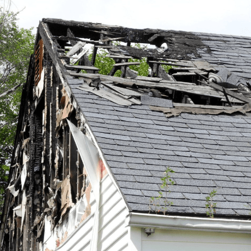 The roof of a house that has been damaged by a fire.