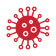 A red icon of a virus with white dots on a white background.
