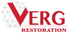 A red and white logo for verg restoration