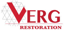 A red and white logo for verg restoration