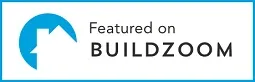 A blue and white logo that says `` featured on buildzoom ''