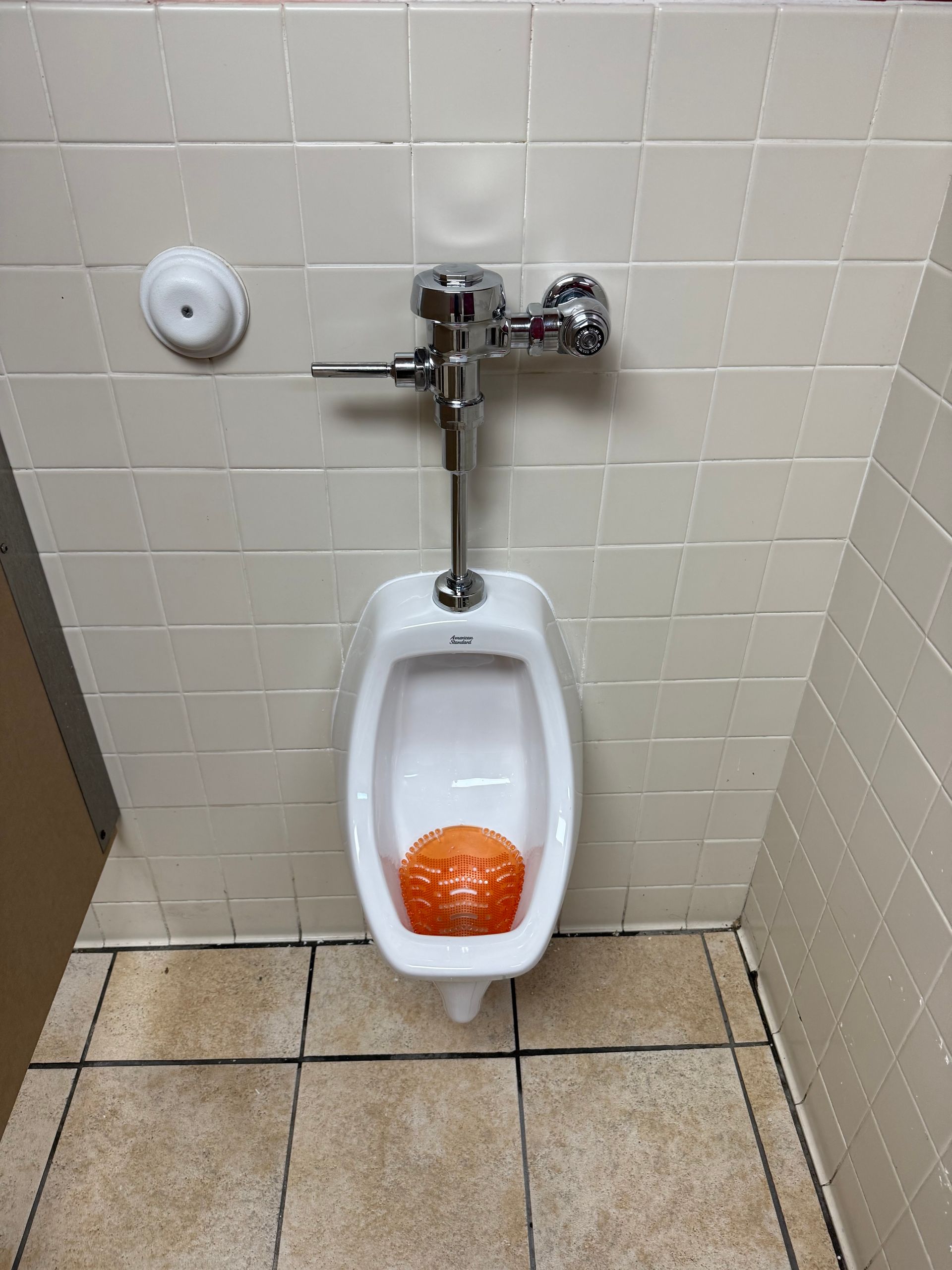 A urinal in a public restroom with a sponge in it.