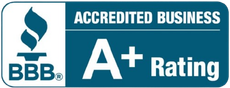 A blue sign that says accredited business a+ rating