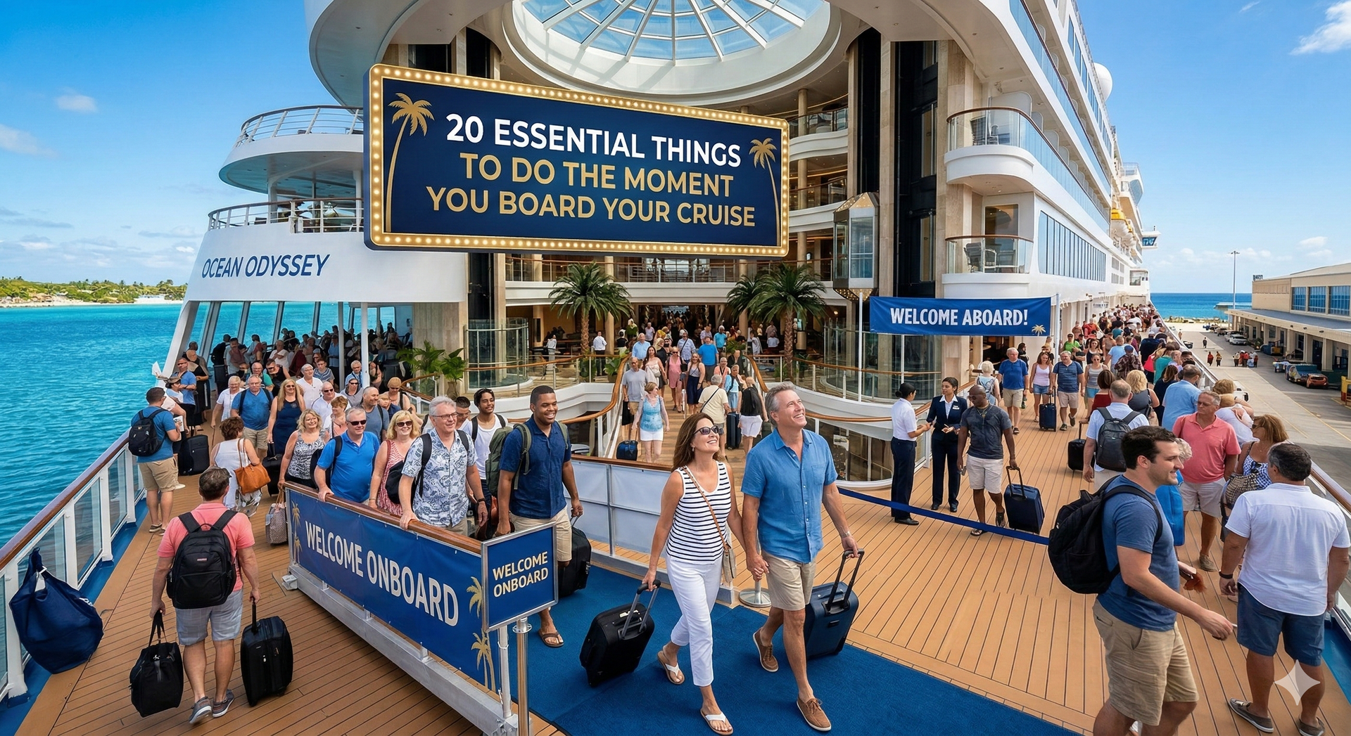 People boarding a cruise ship, carrying luggage. Sign says 