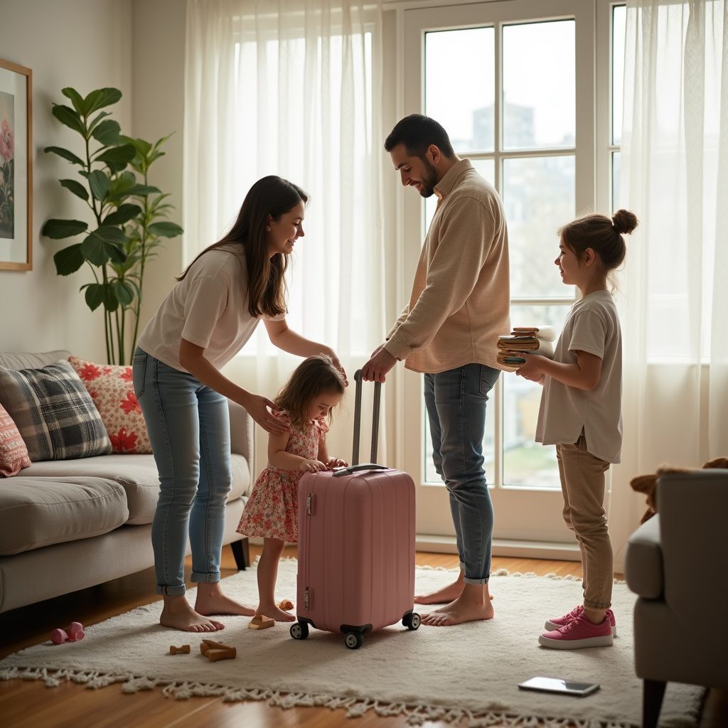 Family packing suitcase in a living room; preparing for a trip.