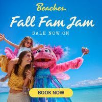 A girl and the pink Sesame Street character Abby Cadabby at the beach, promoting a Beaches Resorts sale.