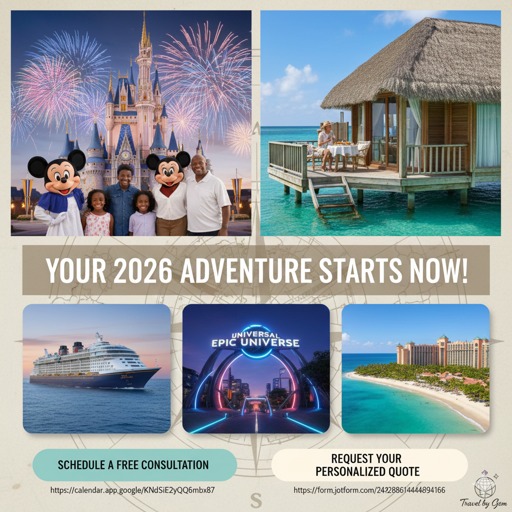Promotional graphic with travel destinations: fireworks, Disney characters, overwater bungalow, cruise ship, park entrance, beach.