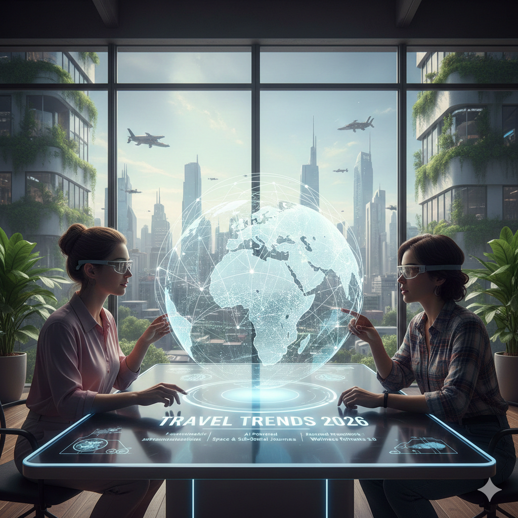 Two people discussing travel trends using a holographic globe in a modern office with city views.