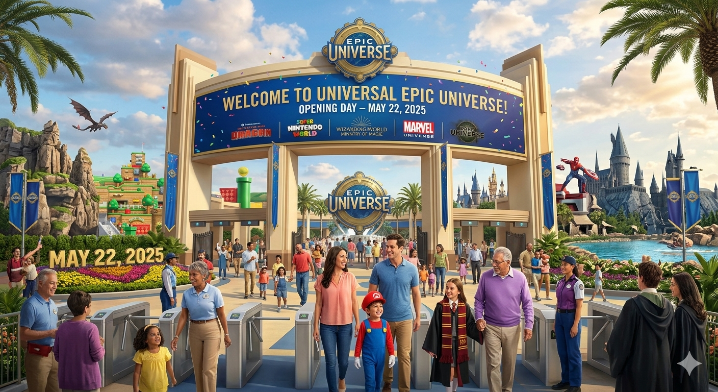 A grand entrance gate for Universal Epic Universe, featuring visitors walking through with a May 22, 2025, opening date.