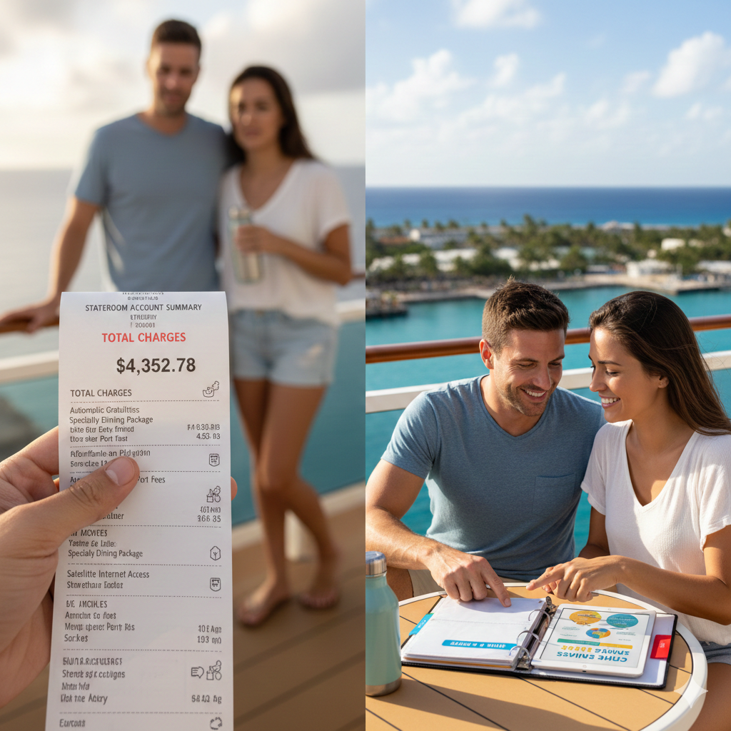Two cruise photos: Couple looking at a bill couple planning activities with ocean views.
