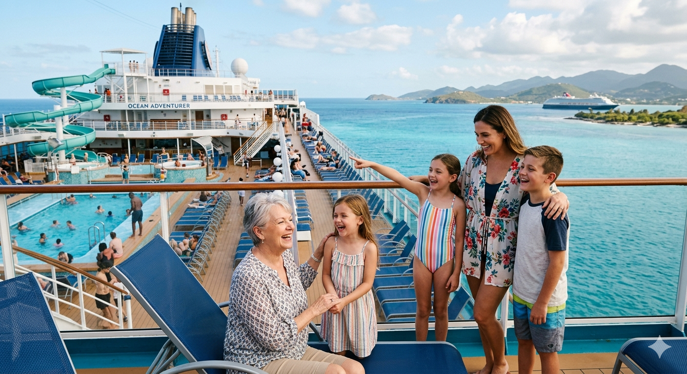 Family on a cruise ship deck overlooking the ocean with a pool and water slide in the background.