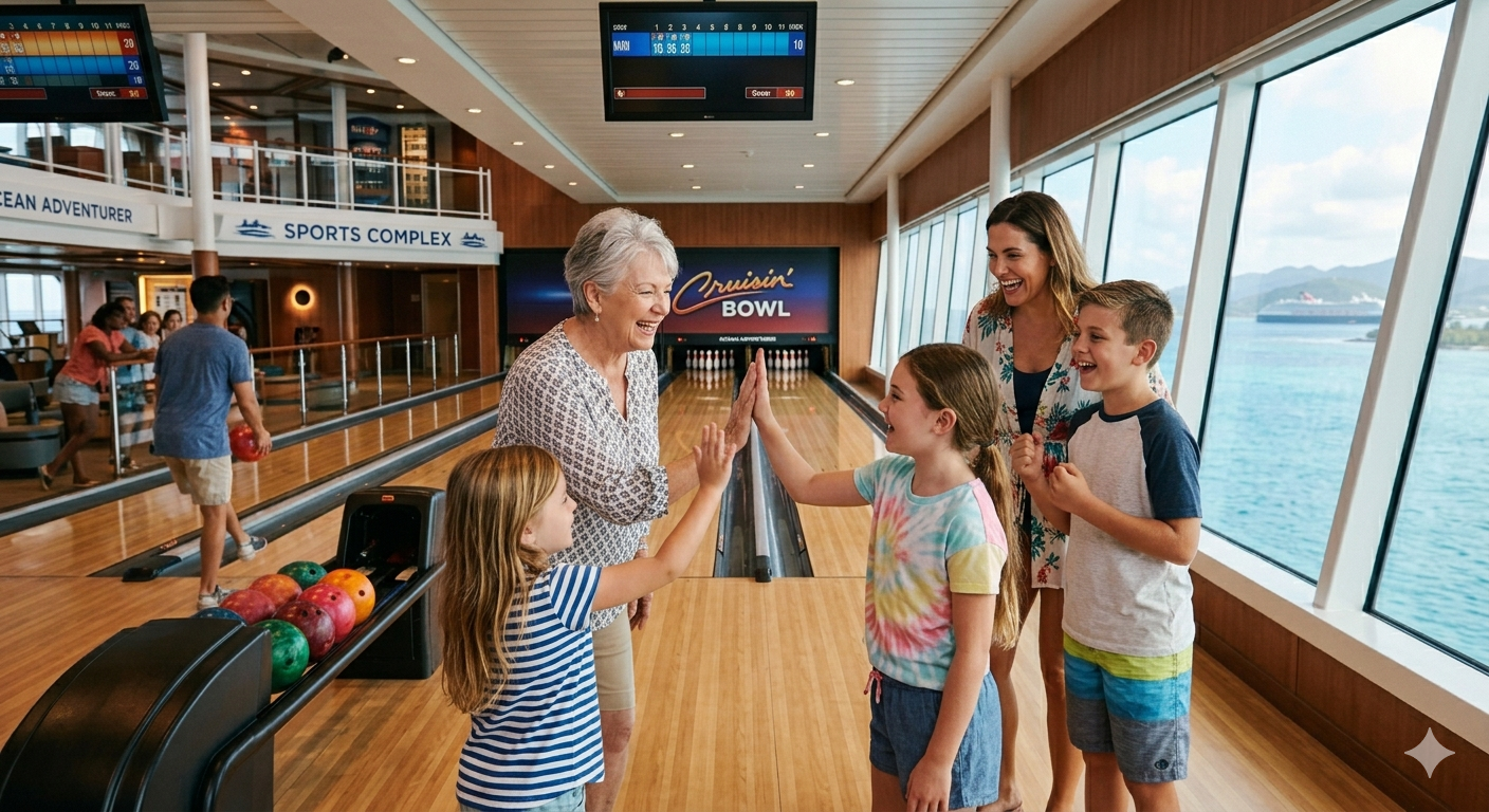 People high-fiving at a bowling alley on a cruise ship with ocean views through large windows.
