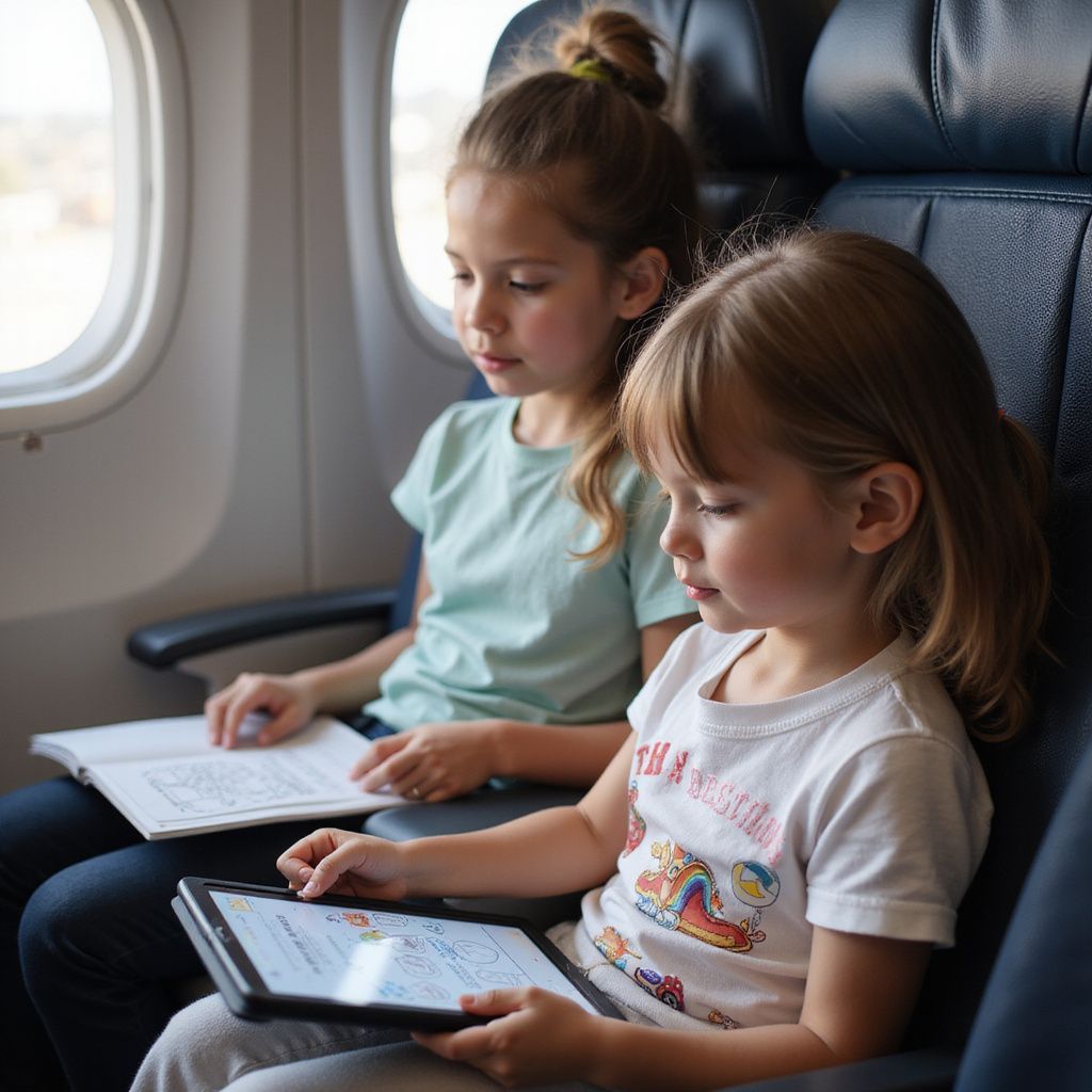 Two children seated on an airplane. One reads a book, the other uses a tablet.