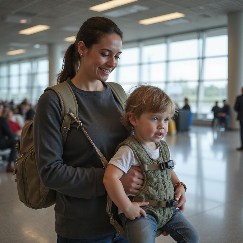 Woman holding a young child in a harness at an airport, smiling.