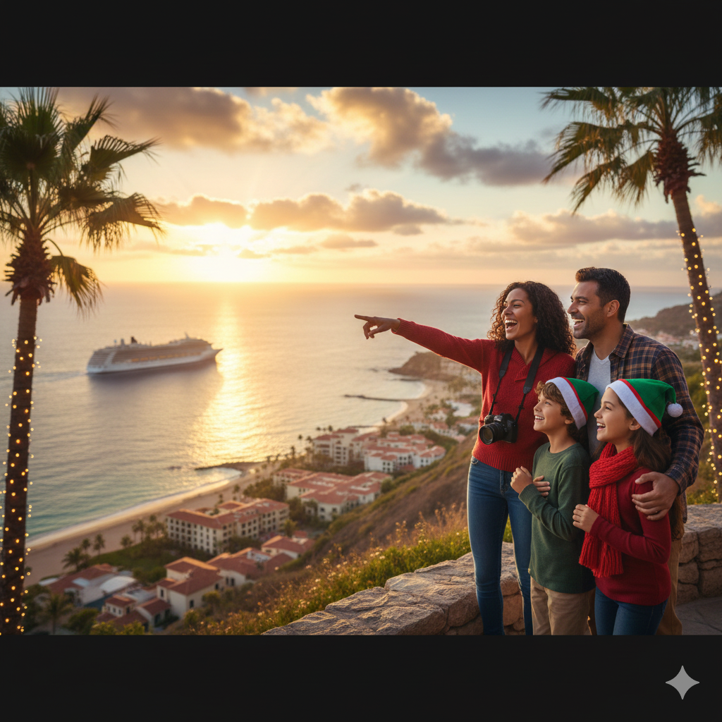 Family points at a cruise ship at sunset, overlooking a coastal town.