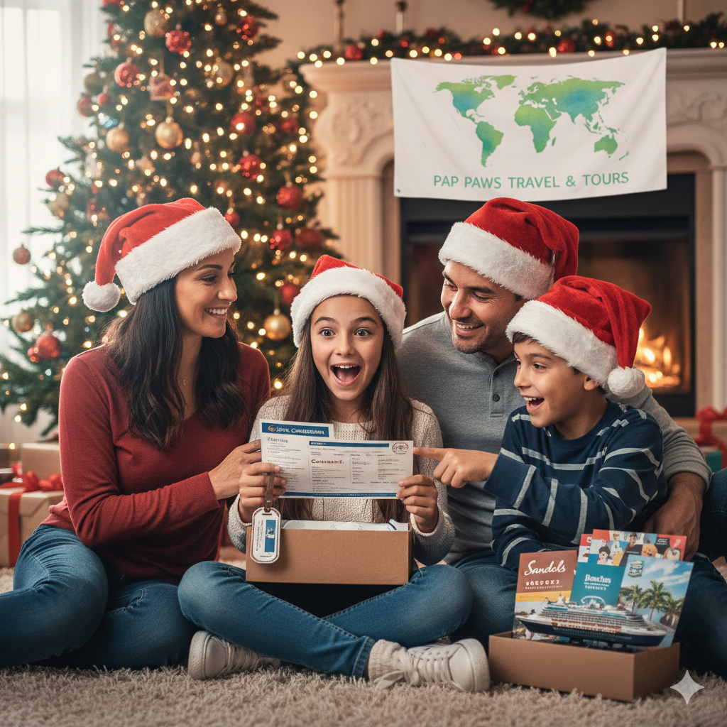 Family in Santa hats opens a gift box containing travel tickets in front of a Christmas tree.