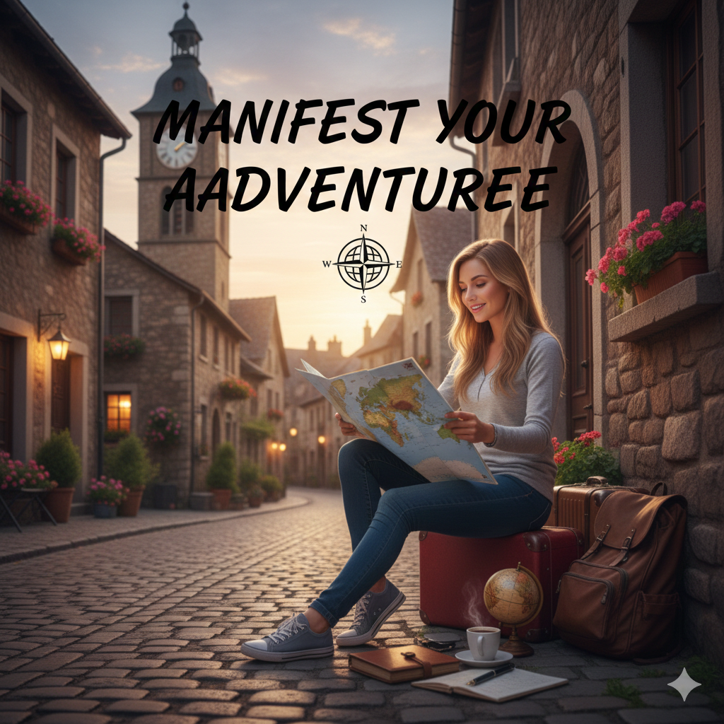 Woman reading map on cobblestone street, suitcase, globe, coffee. Text: Manifest Your Adventure.