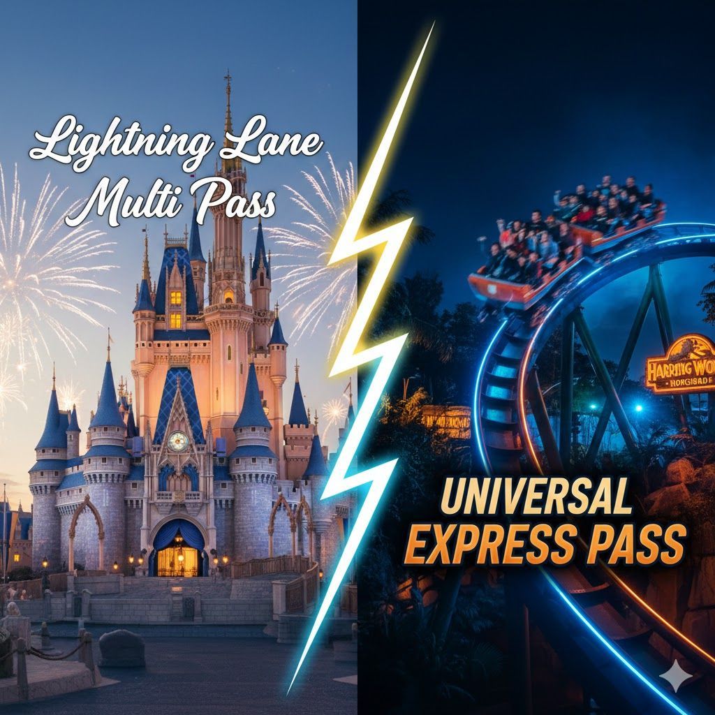 Lightning Lane Multi Pass at Disney vs. Universal Express Pass, split by a lightning bolt, with theme park ride scenes.
