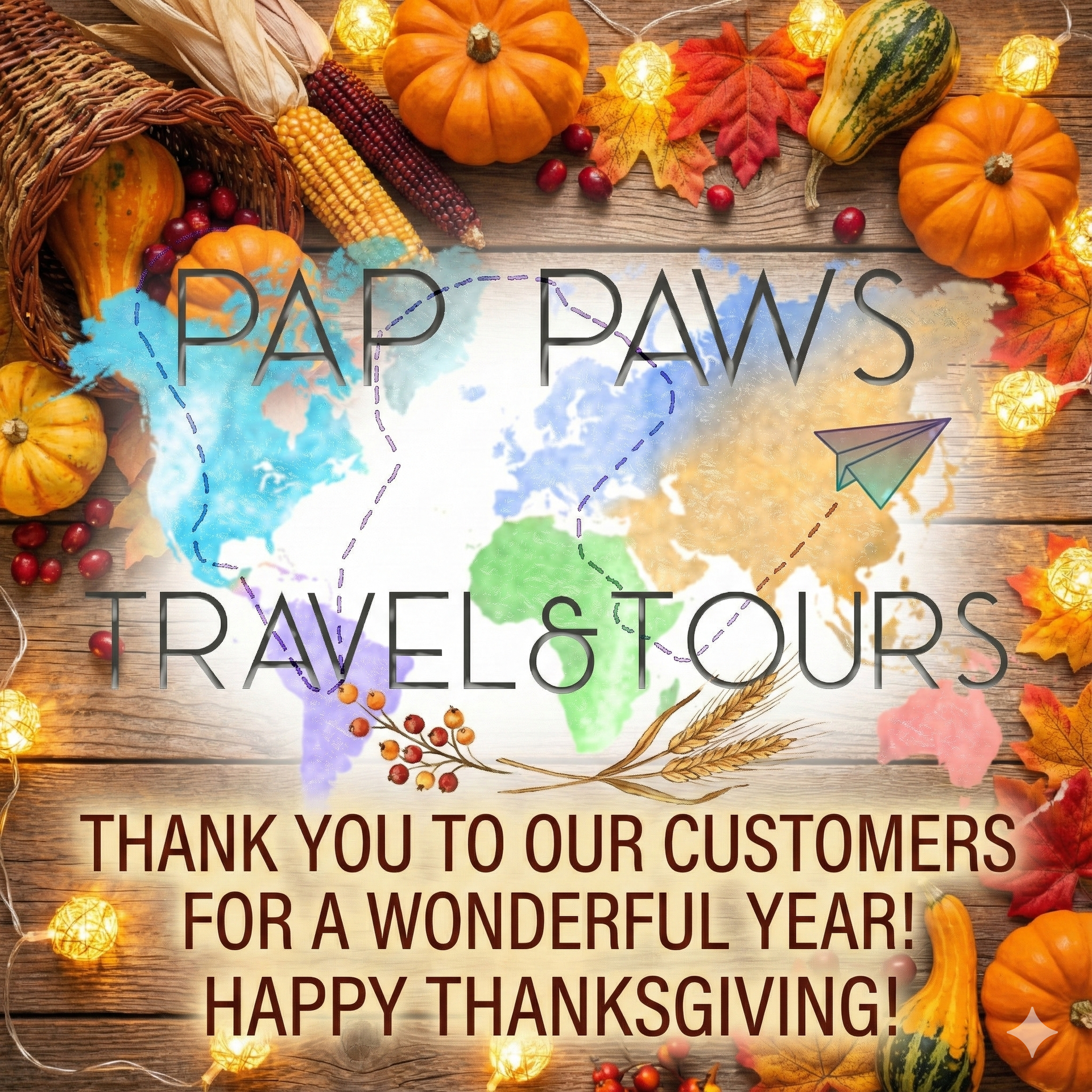 Thanksgiving greeting from Pap Paws Travel & Tours: map illustration with pumpkins, leaves, and text.
