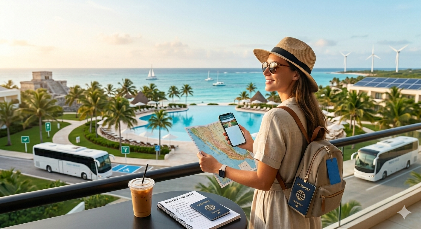 Woman on balcony overlooking resort and ocean, holding map and phone.