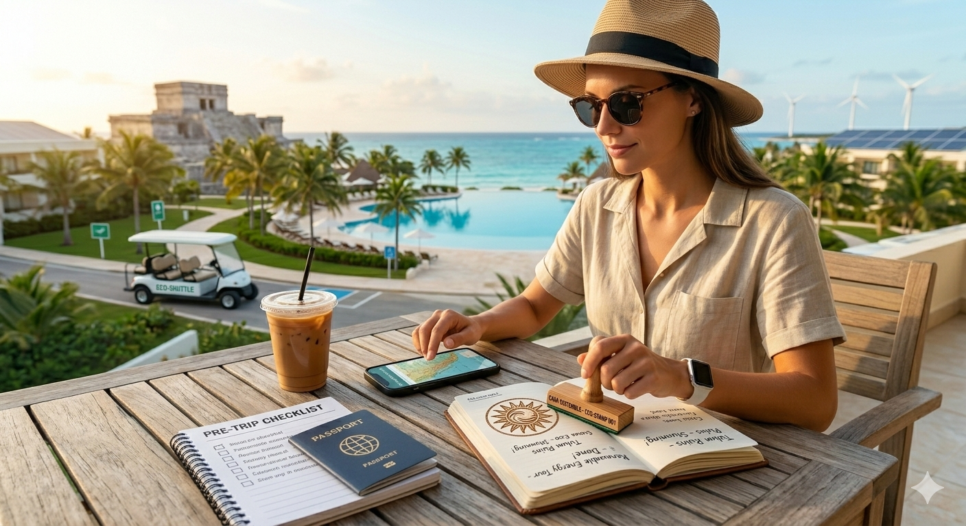 Woman stamping passport, working on a balcony overlooking a resort pool and ocean.