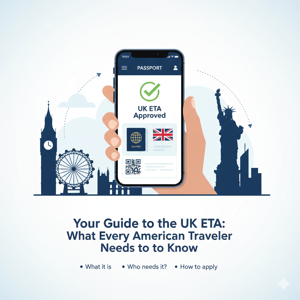 Hand holding phone displaying UK ETA approval, with Big Ben, London Eye, NYC skyline. Text: 