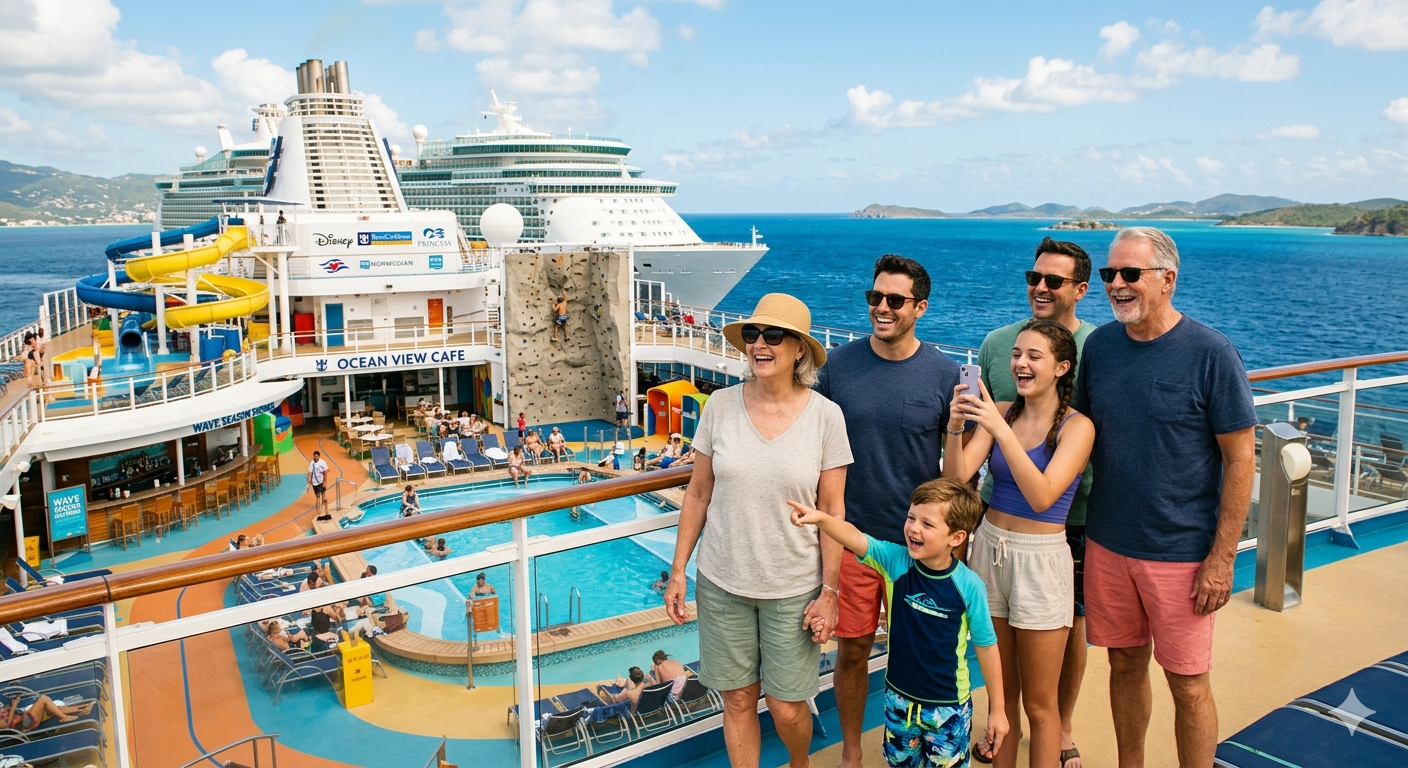 A family smiles on a cruise ship deck near a pool, climbing wall, and water slide with the ocean in the background.