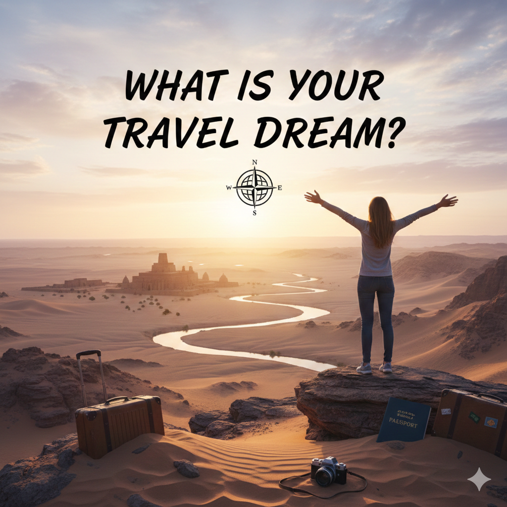 Woman standing on a desert cliff with arms outstretched; text