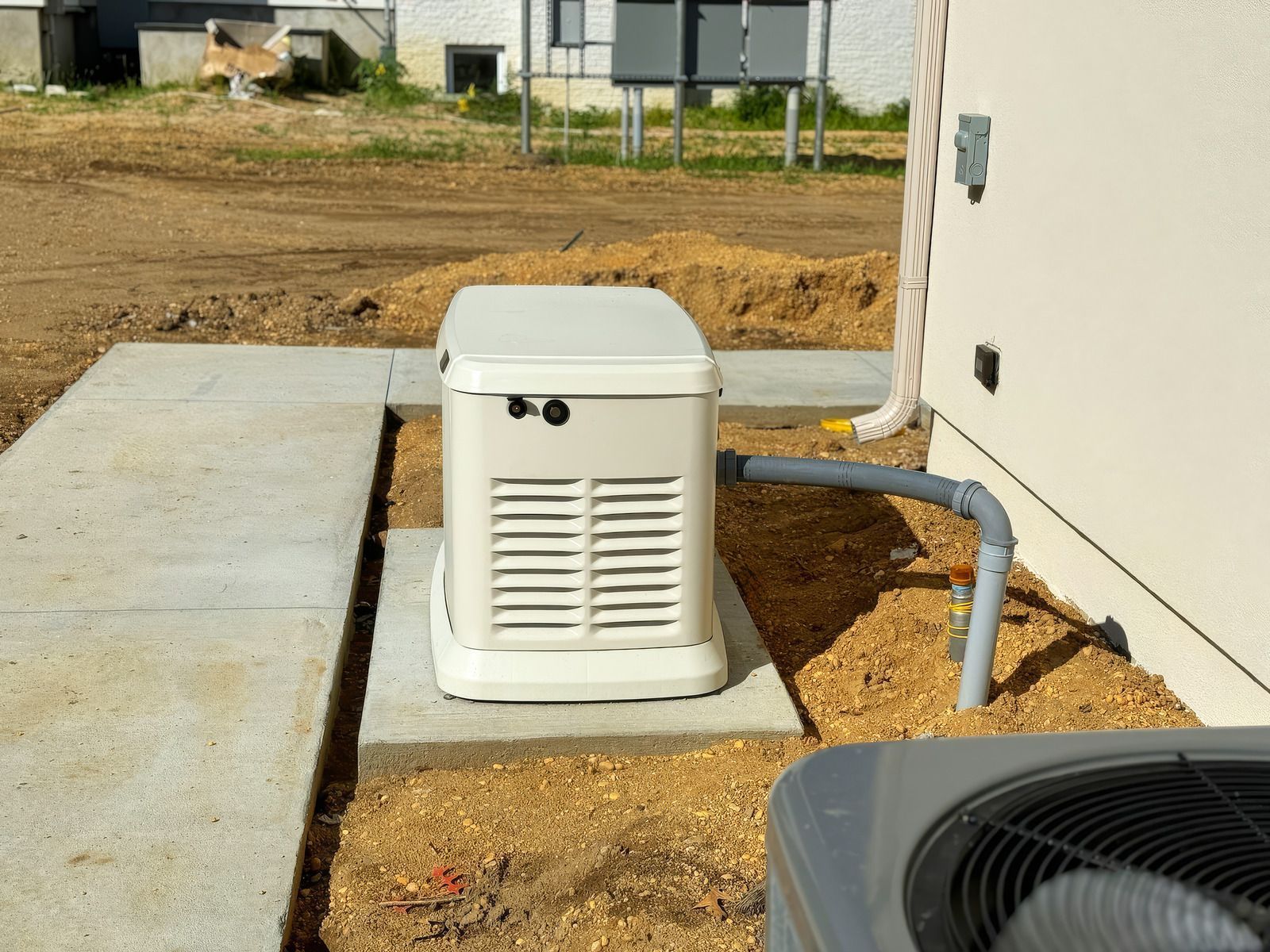 White generator on concrete pad beside house, with conduit and gravel around it.