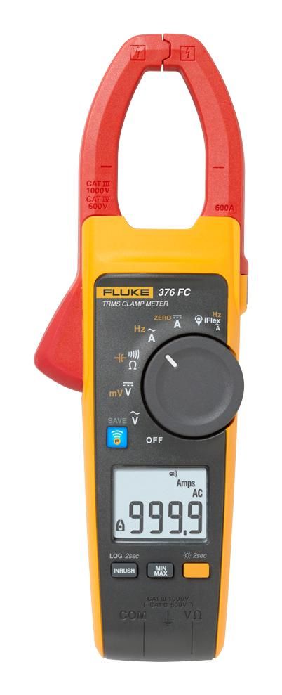 A close up of a fluke clamp meter on a white background.