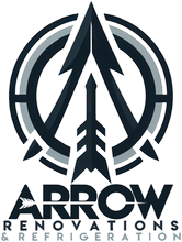 The logo for arrow renovations and refrigeration shows an arrow in a circle.