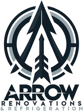 The logo for arrow renovations and refrigeration shows an arrow in a circle.