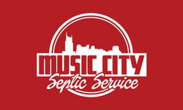 Music City Septic Service log that features Nashville's skyline