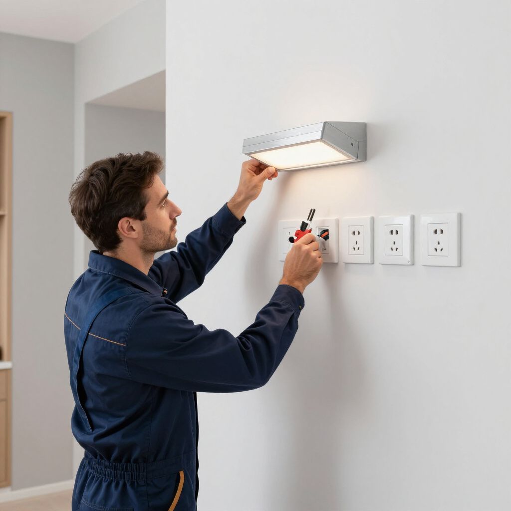 A person in work uniform installs a wall-mounted light while adjusting a multi-outlet panel on a white wall.