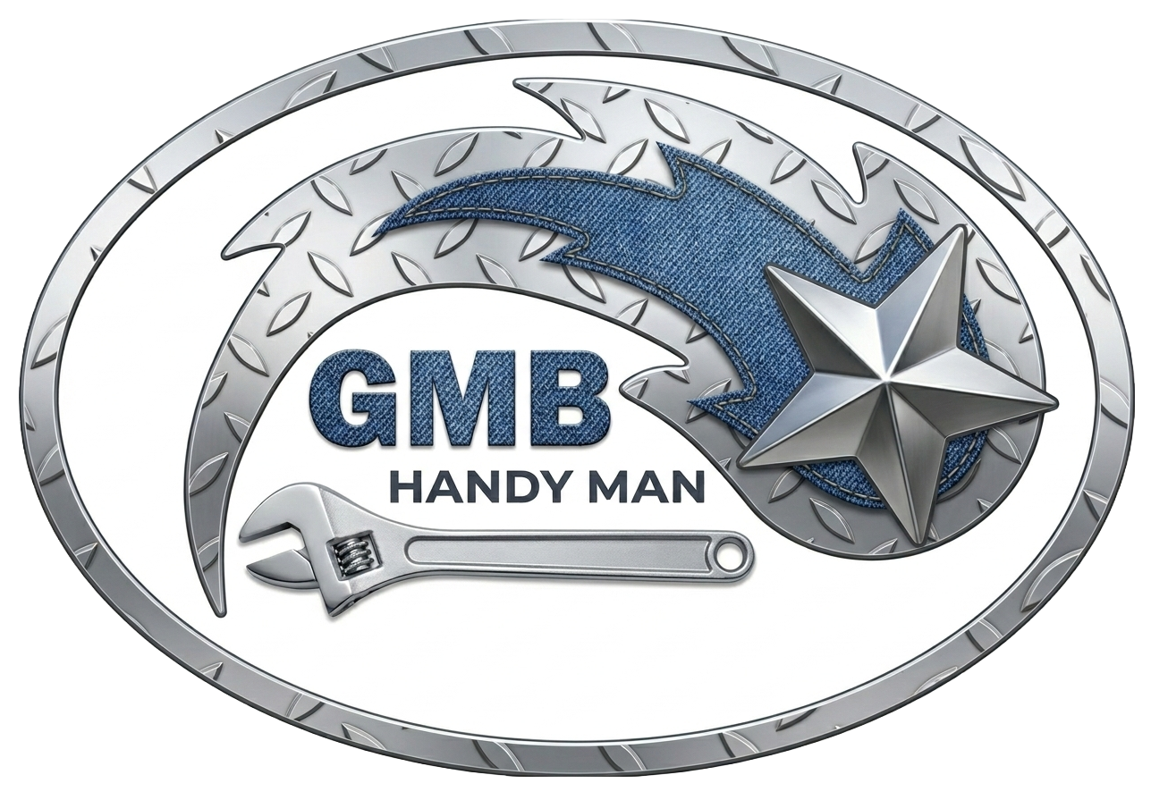 Logo for GMB Handy Man featuring a silver diamond-plate comet, a blue star, and a wrench inside a silver oval border.
