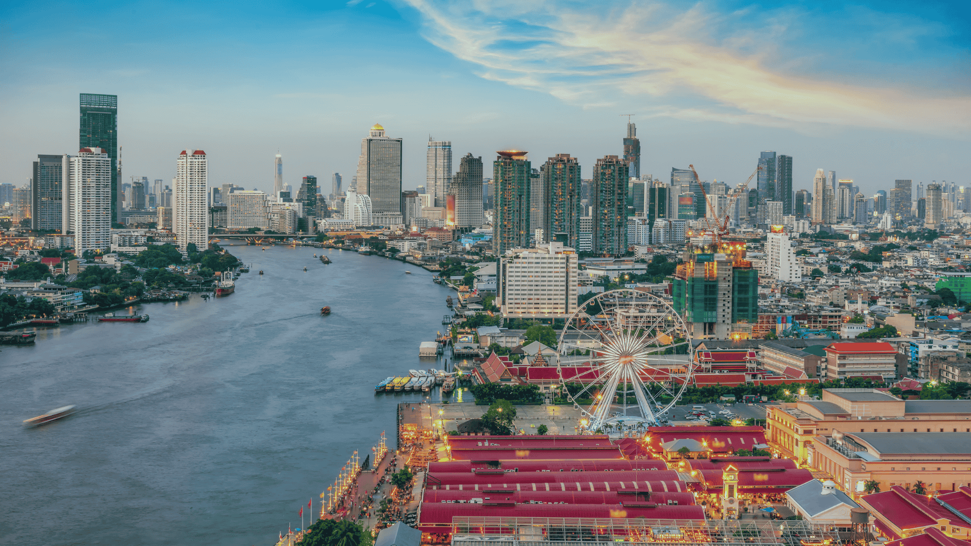 aerial view of Asiatique The Riverfront and river in Bangkok