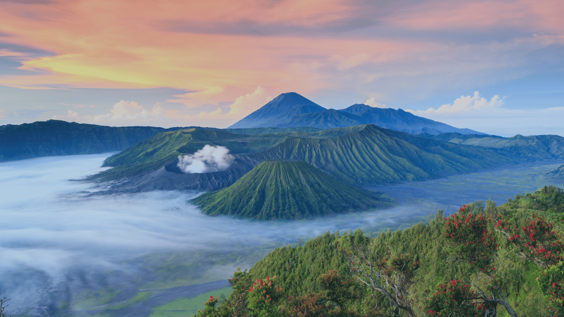 aerial view of landscapes of Indonesia, lush mountains and volcanoes