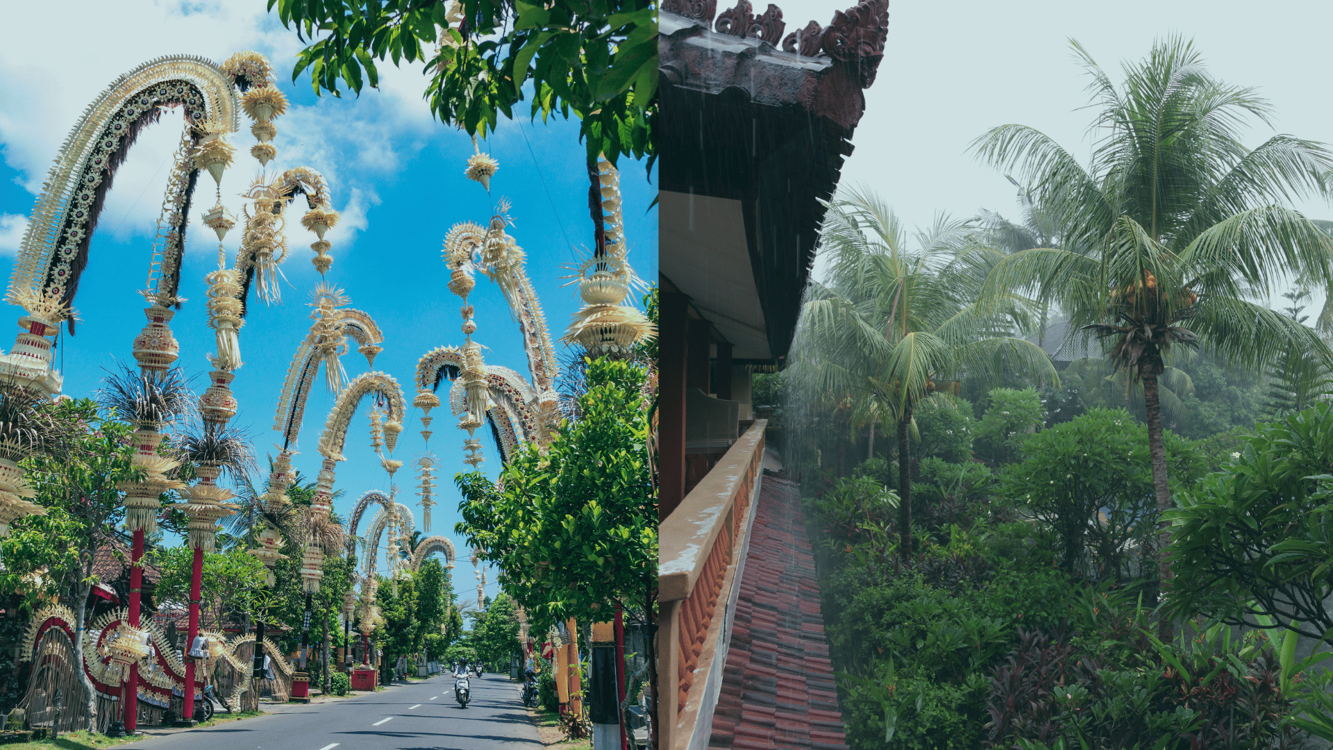 2 images of Bali, first showing clear skies and vibrant streets of Bali and second showing the rainy