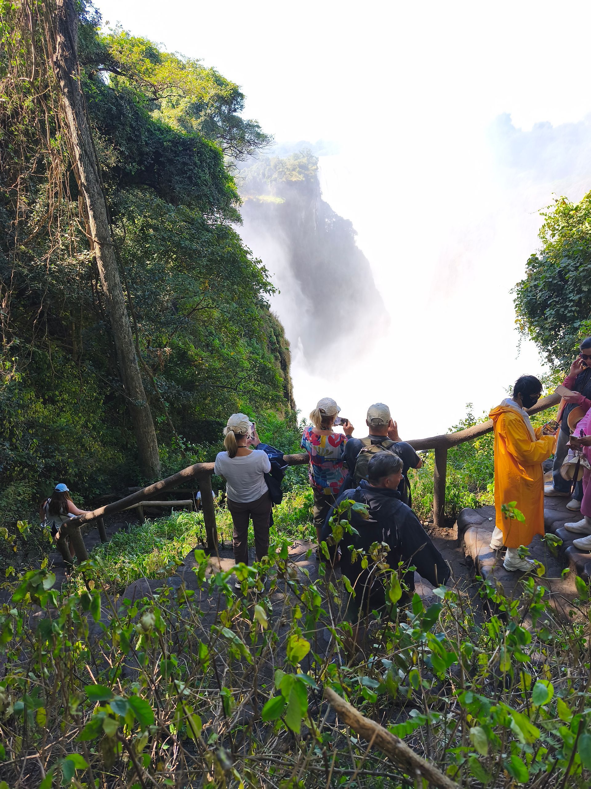 A group of people are standing on a bridge overlooking a waterfall.