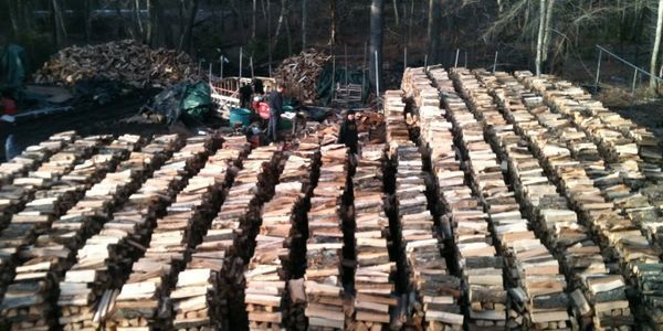 Rows of stacked firewood in an outdoor setting. People are visible in the center
