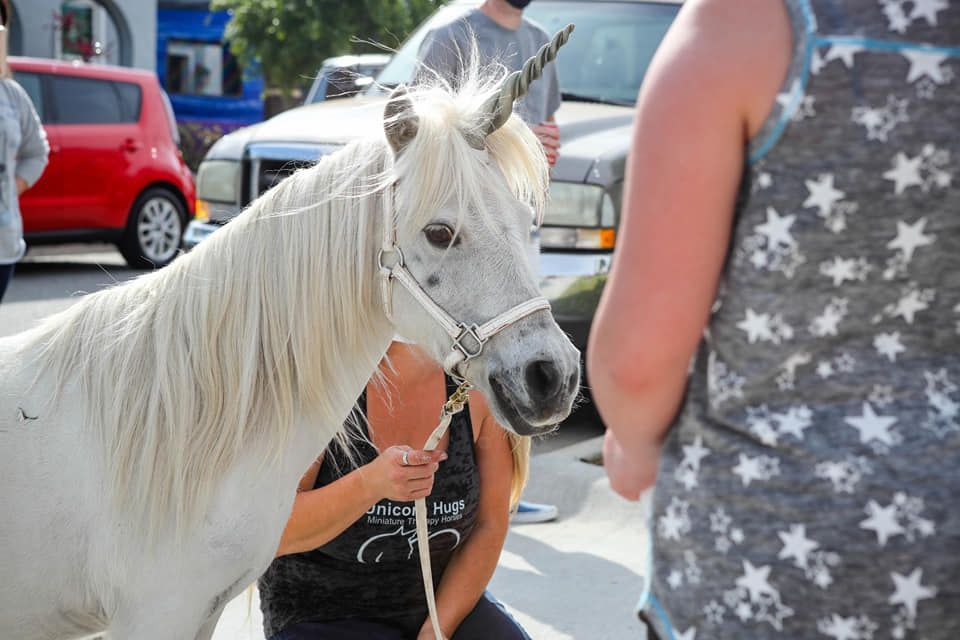 A woman is kneeling down next to a white unicorn on a leash.