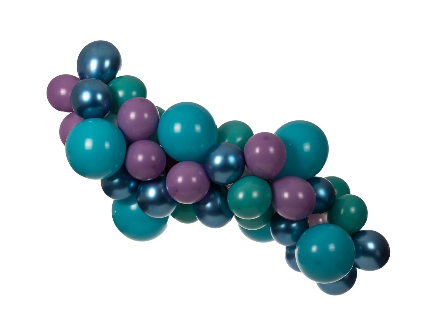 A bunch of blue and purple balloons on a white background