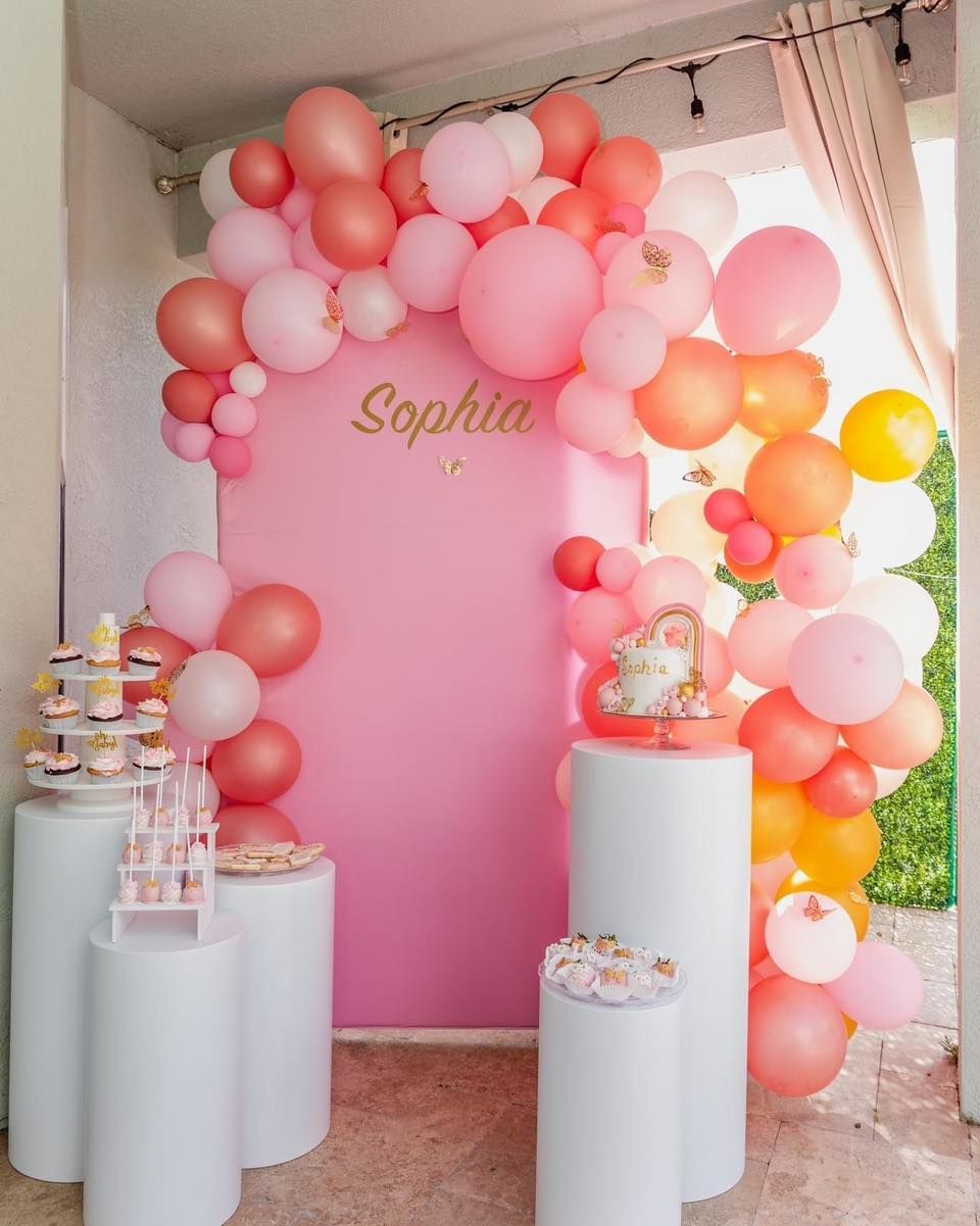 a pink wall with balloons and the name sophia on it