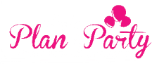 a pink logo for plan party with balloons on a white background