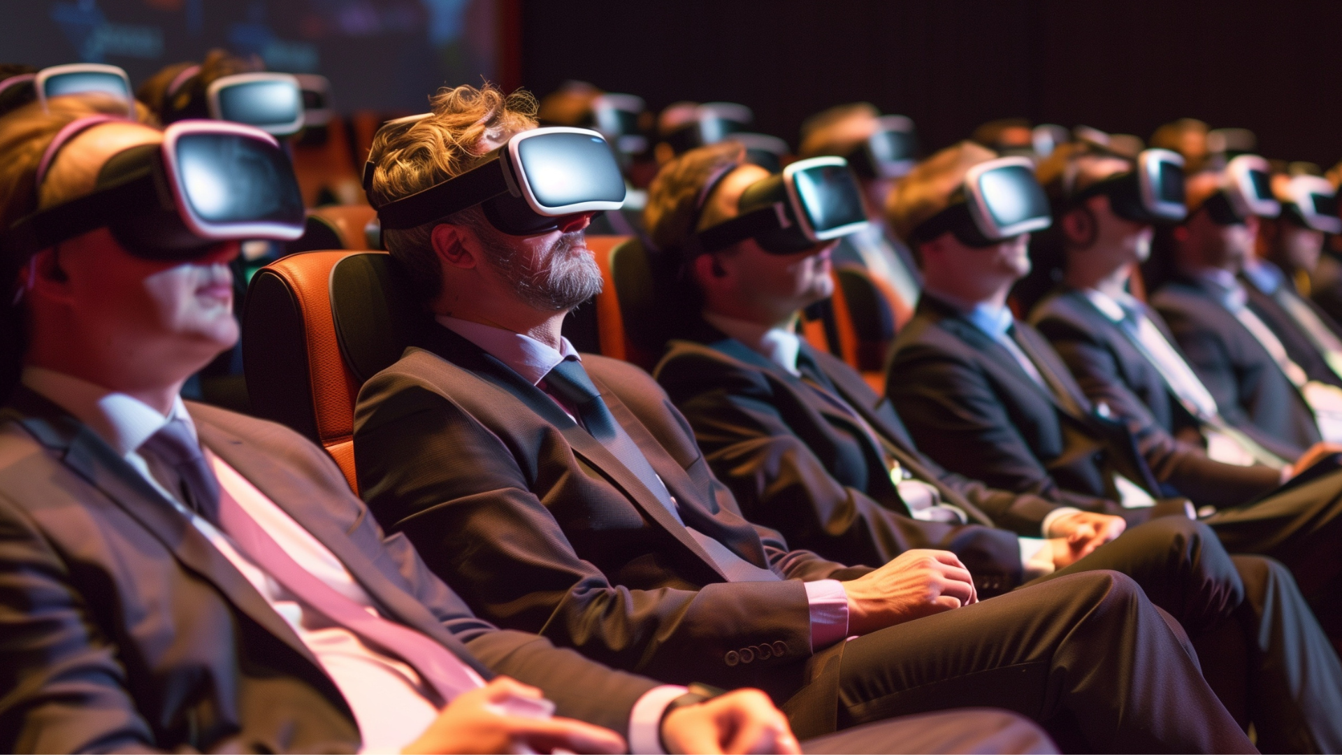 A group of men in suits are sitting in a theater wearing virtual reality headsets.