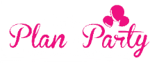 A pink logo for plan party with balloons on a white background.