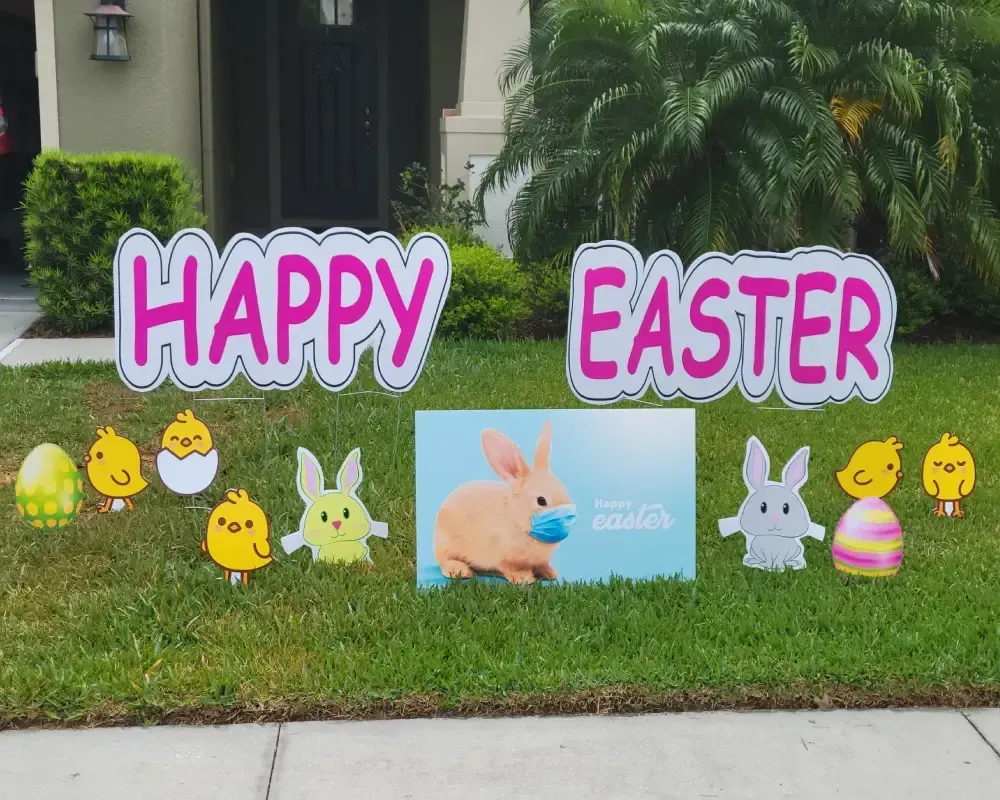 A happy easter sign with a bunny wearing a mask