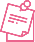 a pink icon of a notepad with a magnifying glass attached to it
