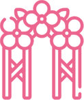 A pink icon of a wedding arch with flowers.