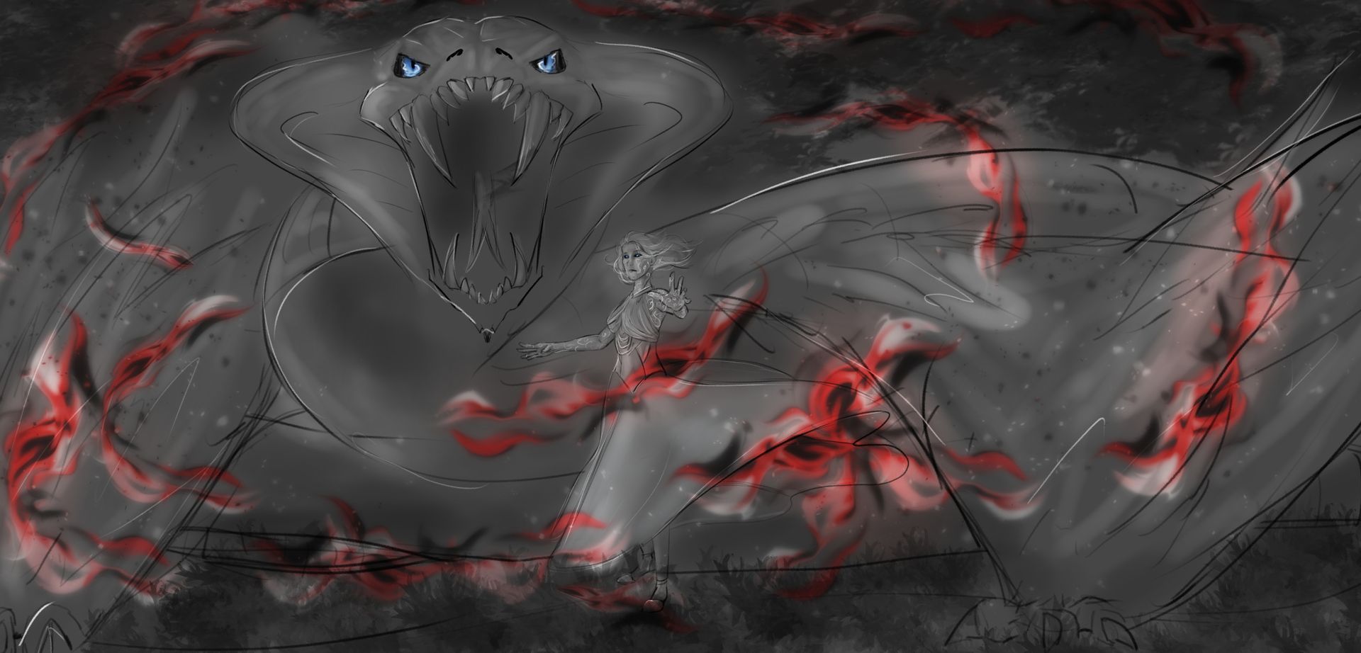 Eine schwarz-weiße Zeichnung einer Schlange mit roten Federn darum